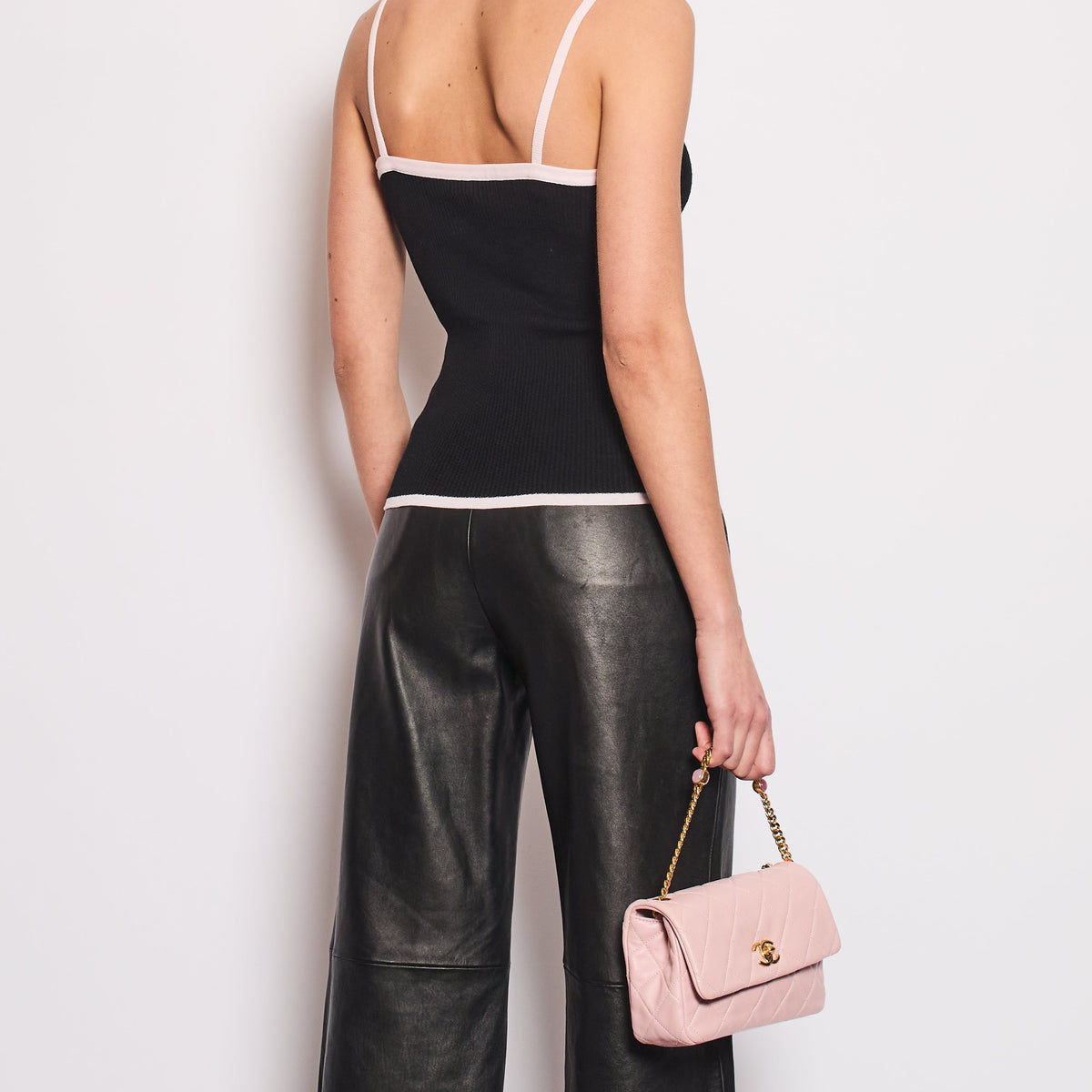 Chanel Black Tank Top with Pink Crystal CC Logo Straps and Bow Detail