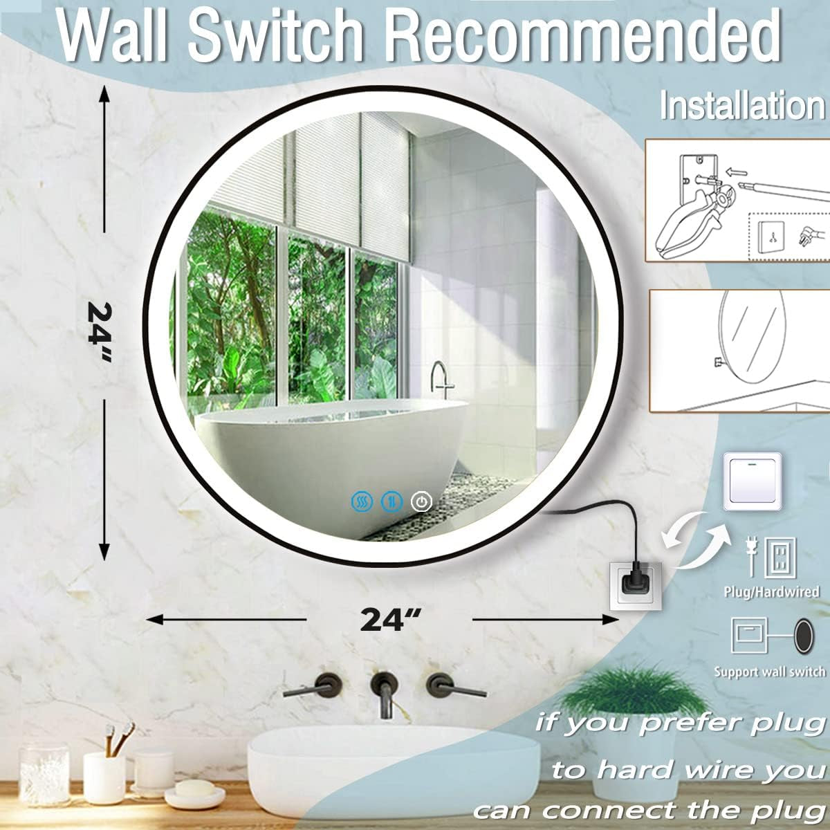 Black Frame round LED Bathroom Mirror with Lights for Bathroom Wall Black Lighte