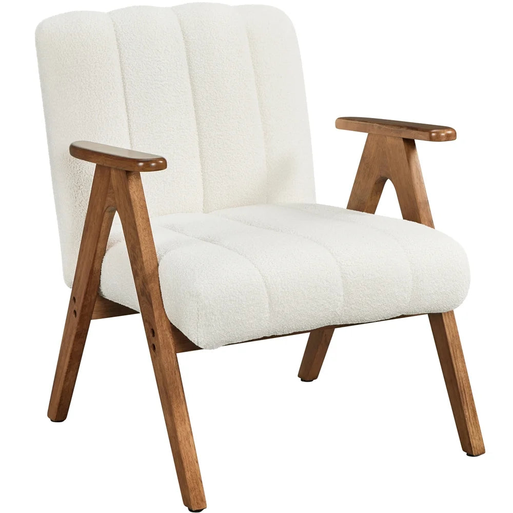 Mid Century Modern Boucle Upholstered Accent Chair with Solid Wood Legs, White