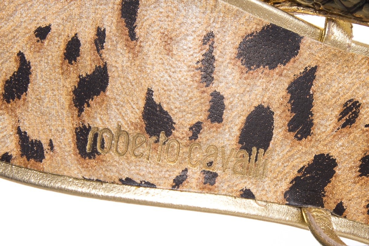 Roberto Cavalli Gold & Multi Cobra Detail Sandals SZ 36