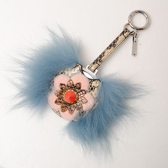 Top quality Fendi Mink Fur Python Bag Charm Key Ring Flower Mirror 7AR455