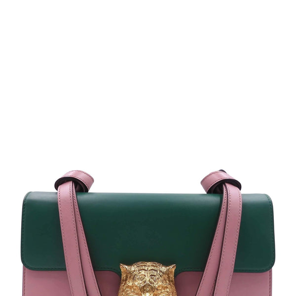 Animalier Tiger Head Clasp Shoulder Bag Pink Green
