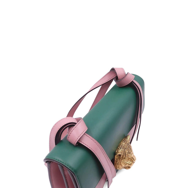 Animalier Tiger Head Clasp Shoulder Bag Pink Green