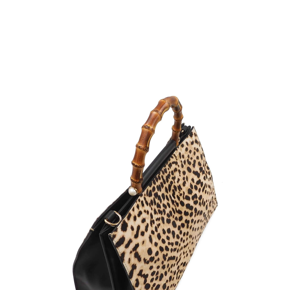Calf Hair Leopard Nymphae Bamboo Top Handle Bag Black Beige