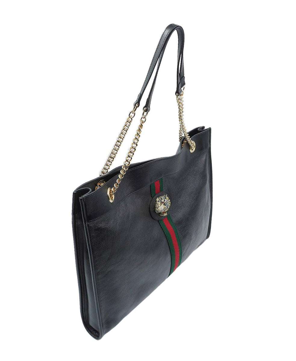 Maxi Rajah Chain Tote Leather Bag Black