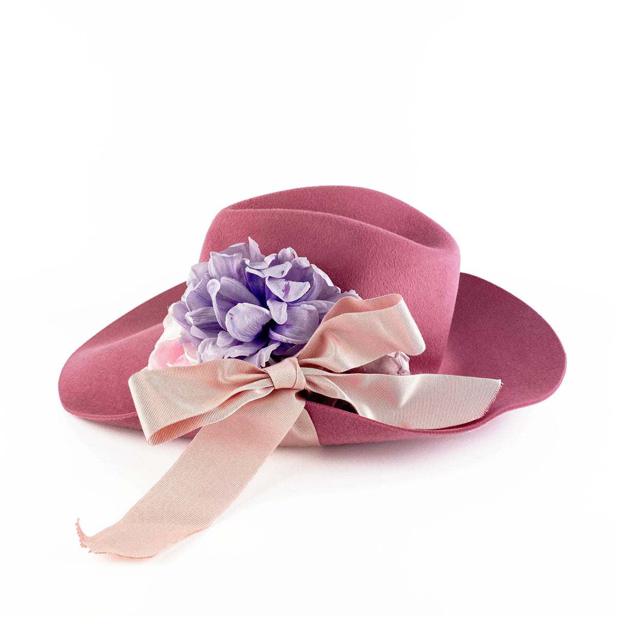Gucci Pink Wide Brim Felt Hat with Flowers 56