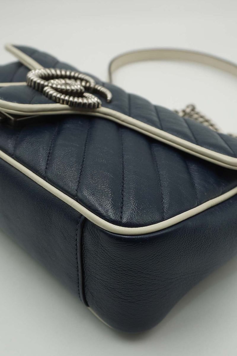 GG Marmont Small Matelasse Shoulder Bag Navy White Blue
