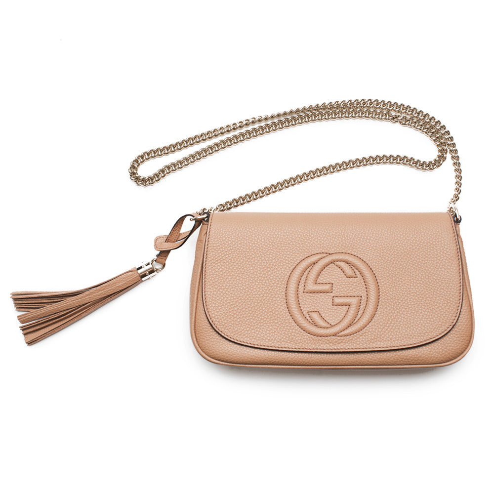 Gucci Soho Camelia Rose Beige Light Tan Leather shoulder bag Crossbody Italy New