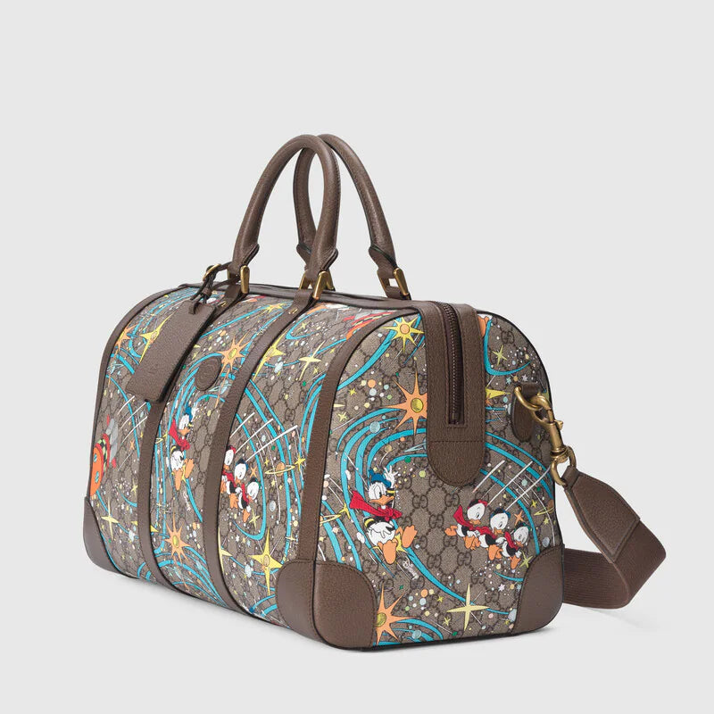 Gucci Disney x Donald Duck Duffly Boston Bag Beige Ebony Italy travel Leather NW