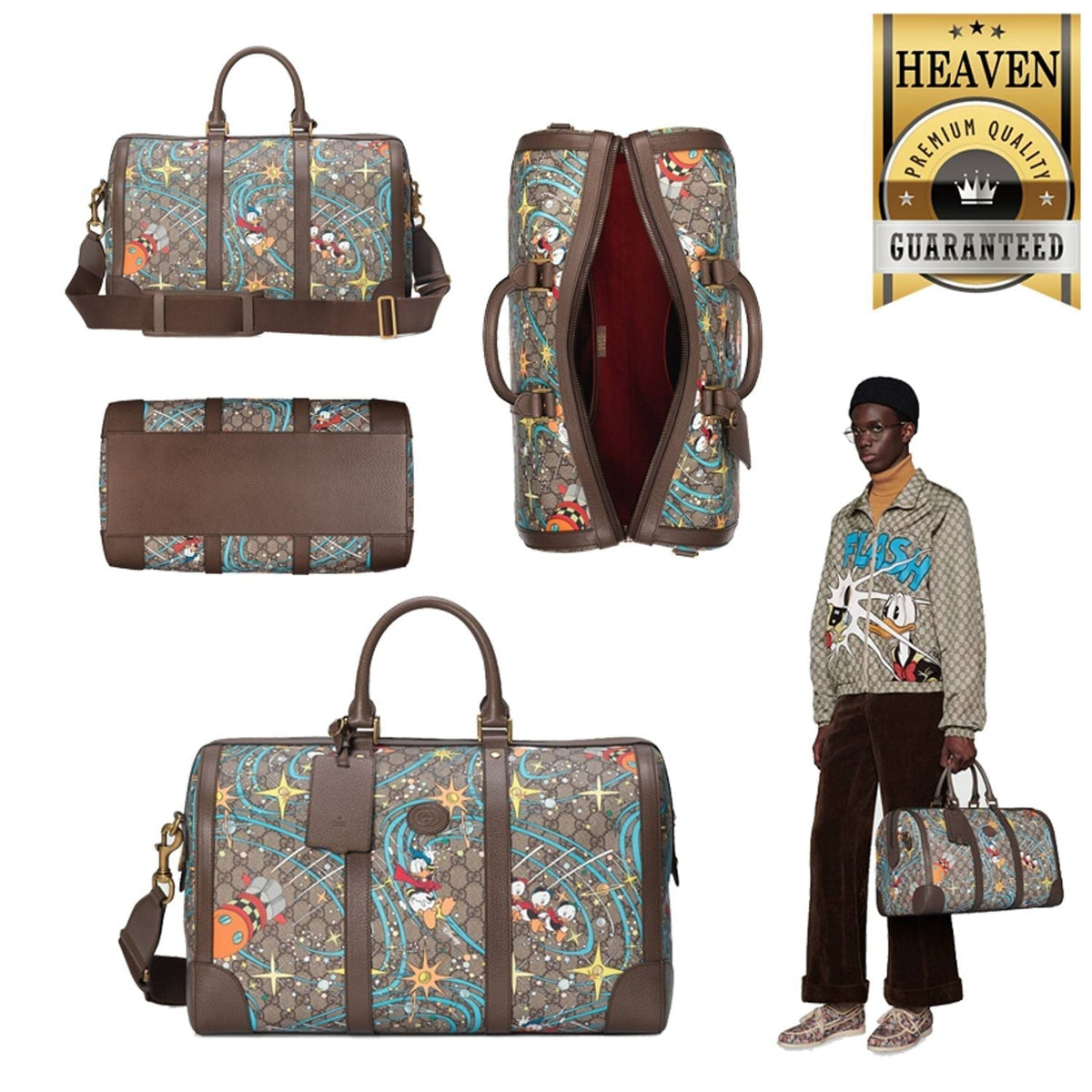 Gucci Disney x Donald Duck Duffly Boston Bag Beige Ebony Italy travel Leather NW