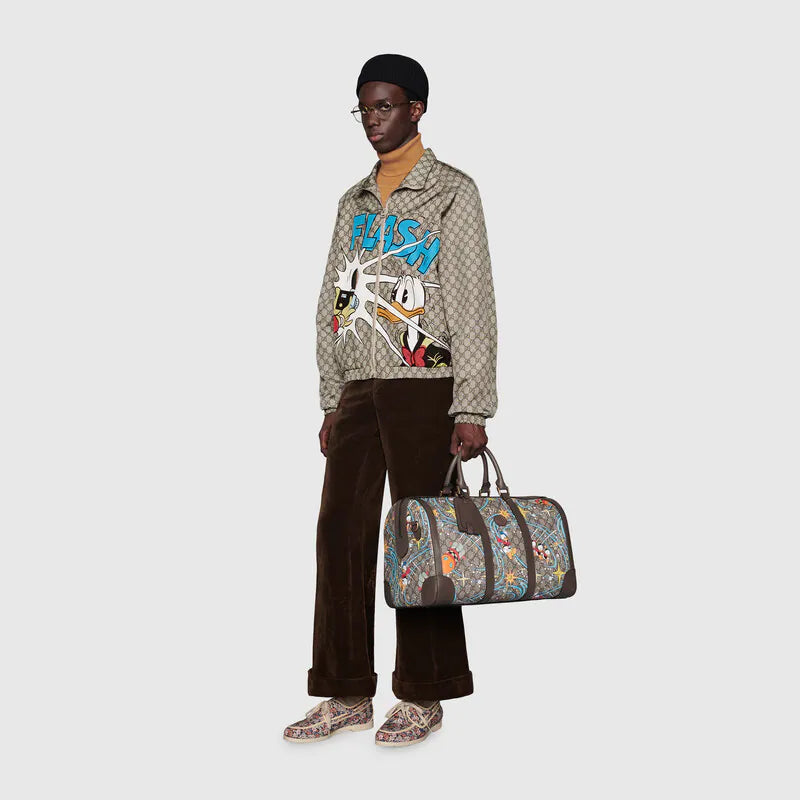 Gucci Disney x Donald Duck Duffly Boston Bag Beige Ebony Italy travel Leather NW