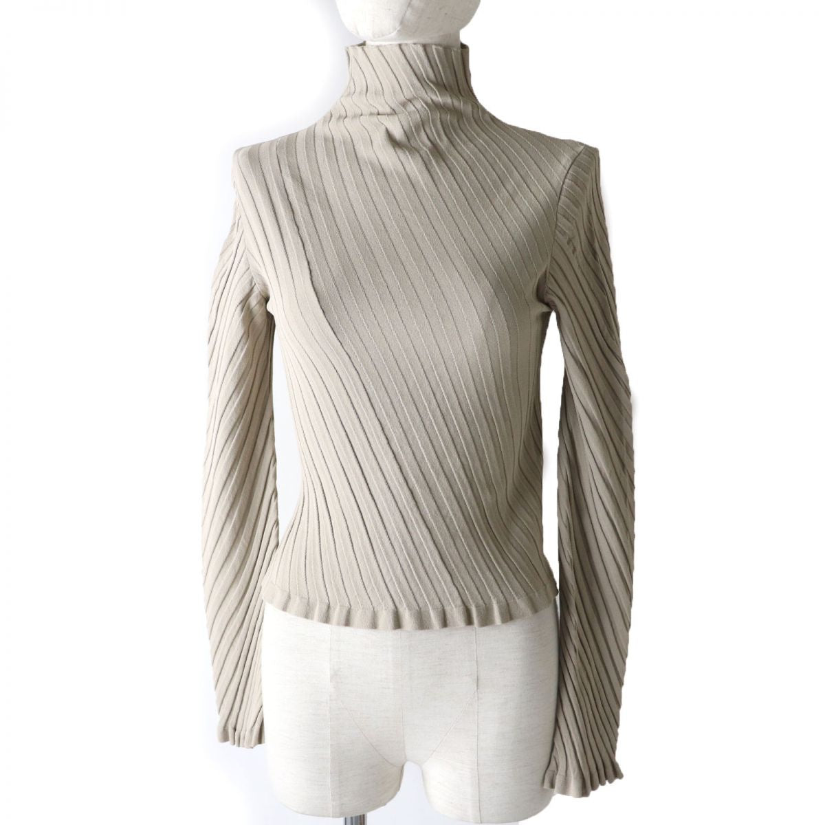 balenciaga Twisted Rib Turtleneck Top, Beige, Size S
