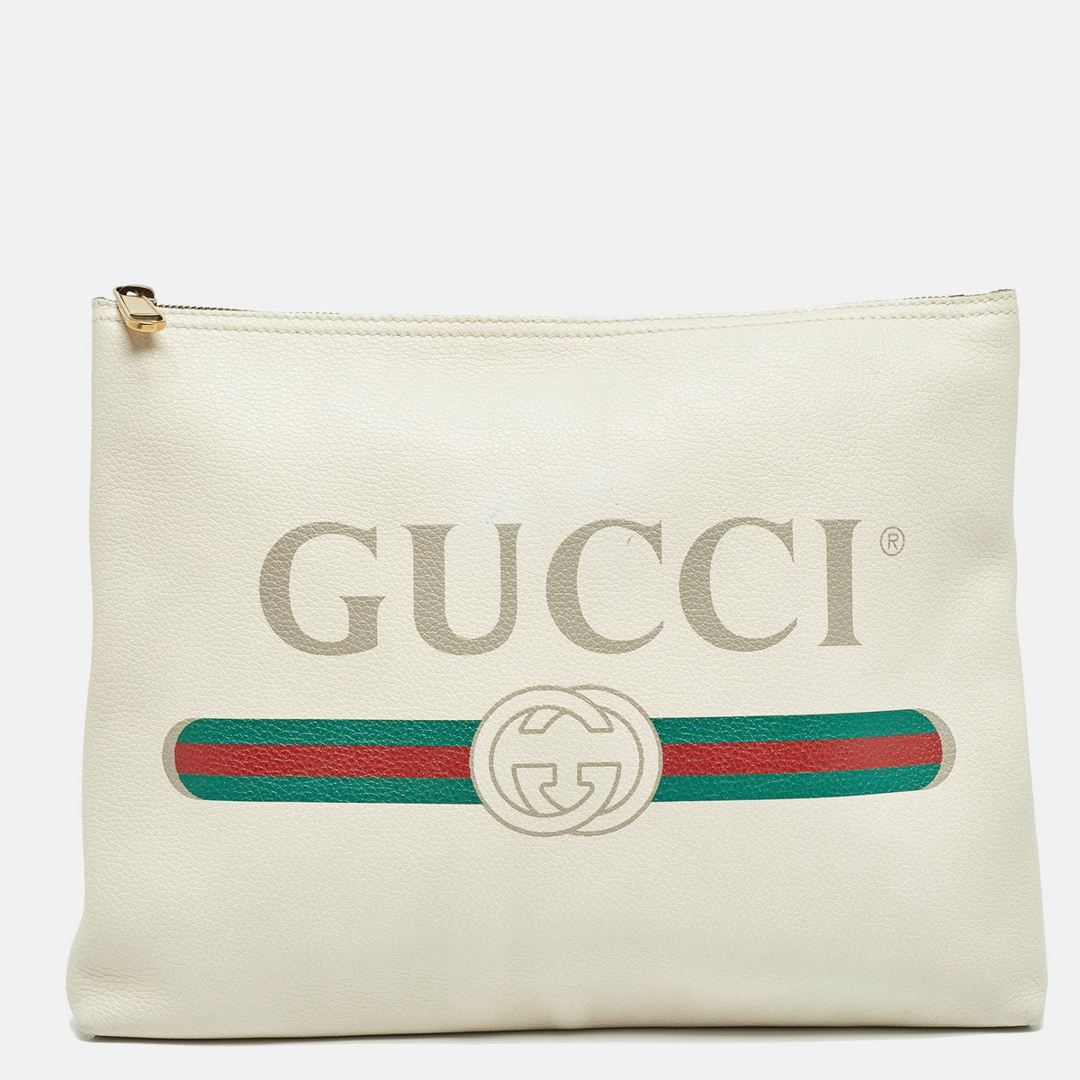 GUCCI Off White Leather Logo Print Zip Pouch