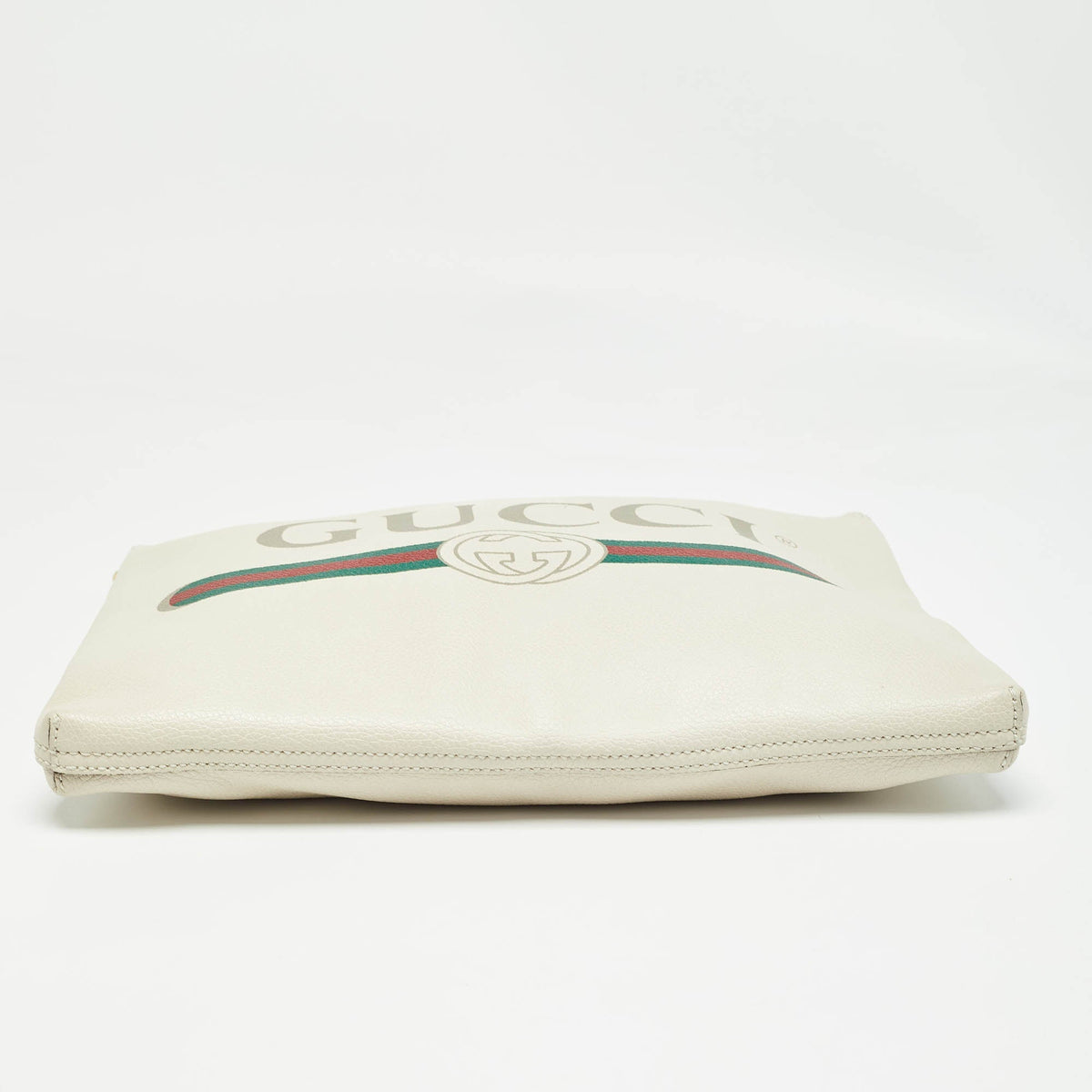 GUCCI Off White Leather Logo Print Zip Pouch