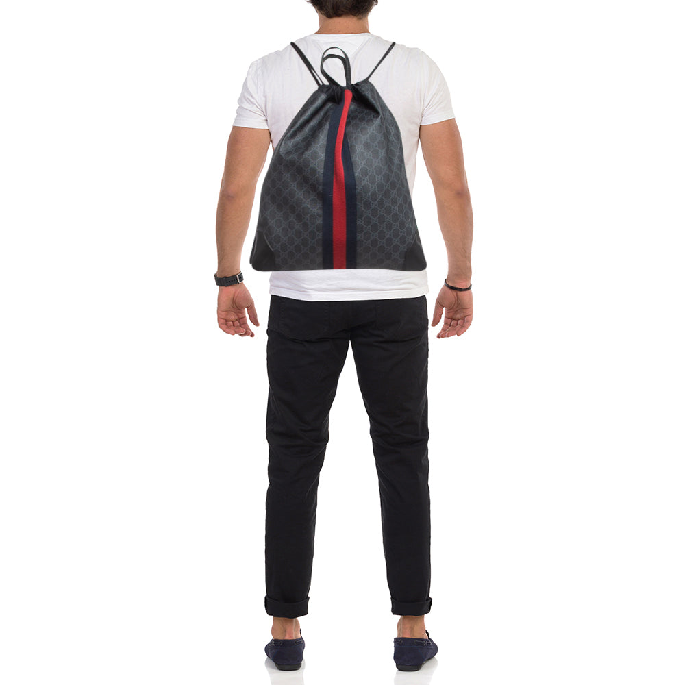 GUCCI Black GG Supreme Canvas and Leather Drawstring Backpack