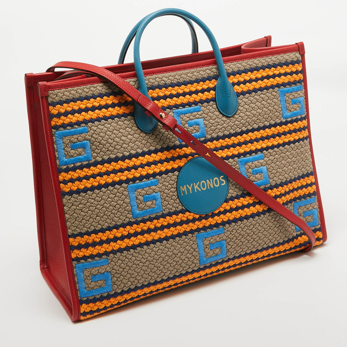 GUCCI Multicolor Woven Fabric and Leather Square G Mykonos Tote