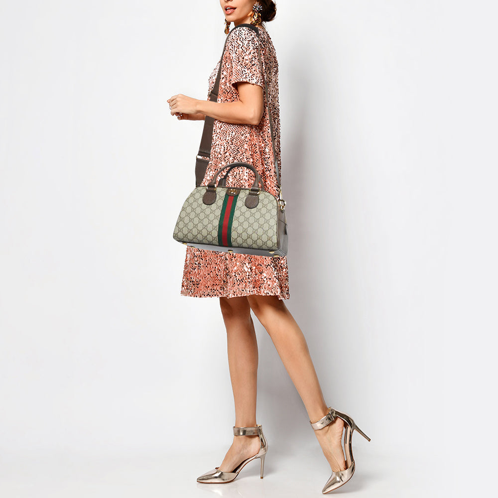 GUCCI Brown/Beige GG Canvas and Leather Medium Ophidia Satchel