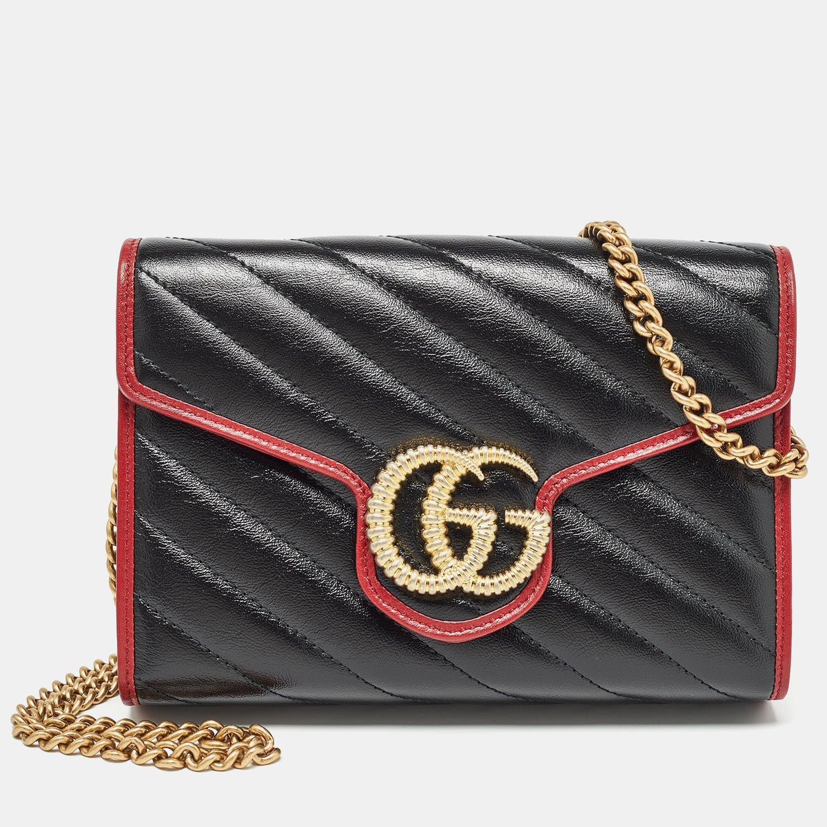 GUCCI Black/Red Diagonal Quilt Leather GG Marmont Torchon Wallet on Chain