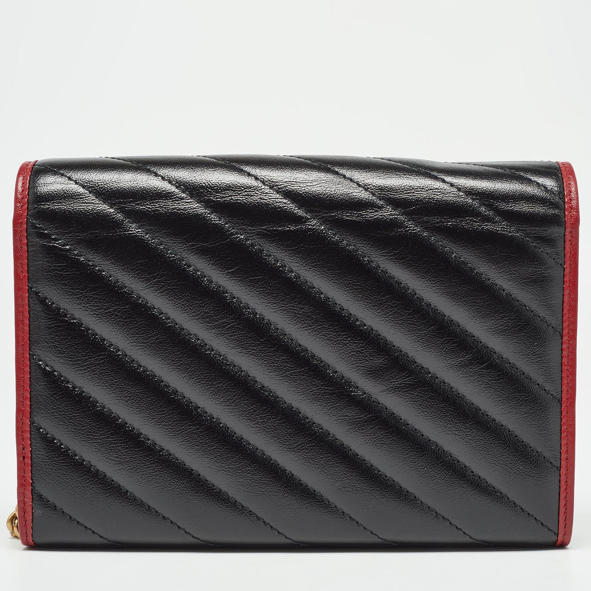 GUCCI Black/Red Diagonal Quilt Leather GG Marmont Torchon Wallet on Chain