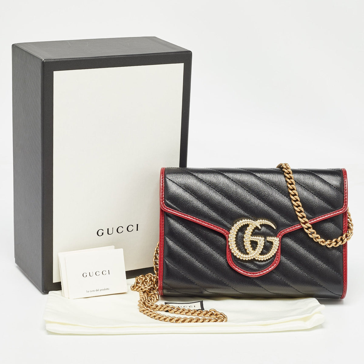 GUCCI Black/Red Diagonal Quilt Leather GG Marmont Torchon Wallet on Chain