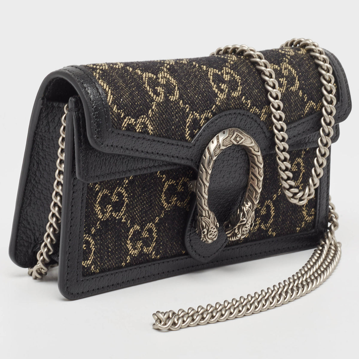GUCCI Black/Beige GG Denim and Suede Super Mini Dionysus Shoulder Bag