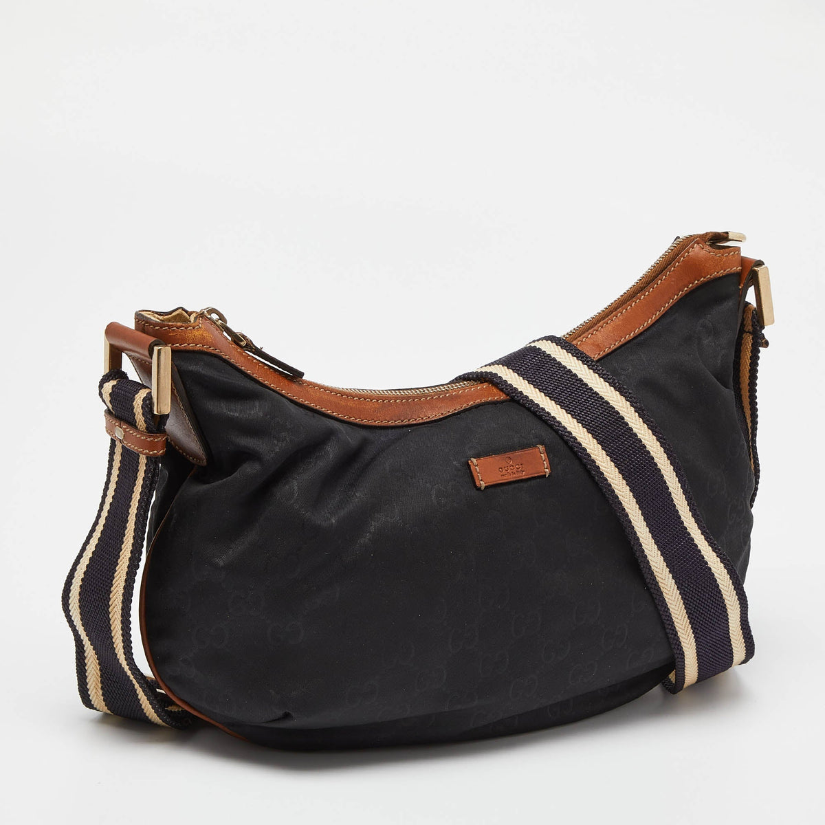 GUCCI Navy Blue/Tan GG Nylon and Leather Hobo