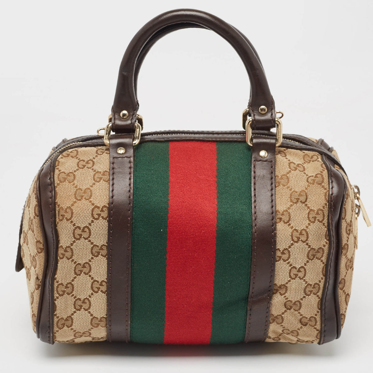 GUCCI Brown/Beige GG Canvas and Leather Small Web Joy Boston Bag