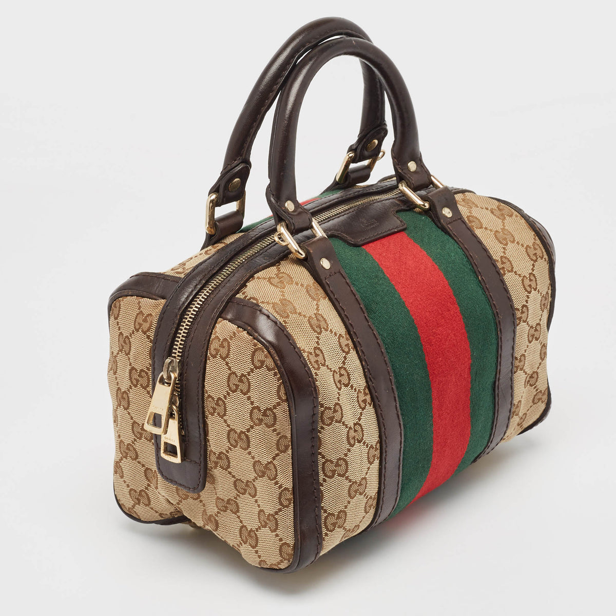 GUCCI Brown/Beige GG Canvas and Leather Small Web Joy Boston Bag