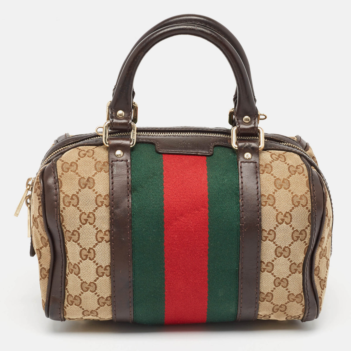 GUCCI Brown/Beige GG Canvas and Leather Small Web Joy Boston Bag
