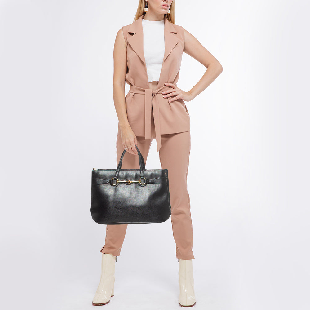 GUCCI Black Leather Horsebit Tote