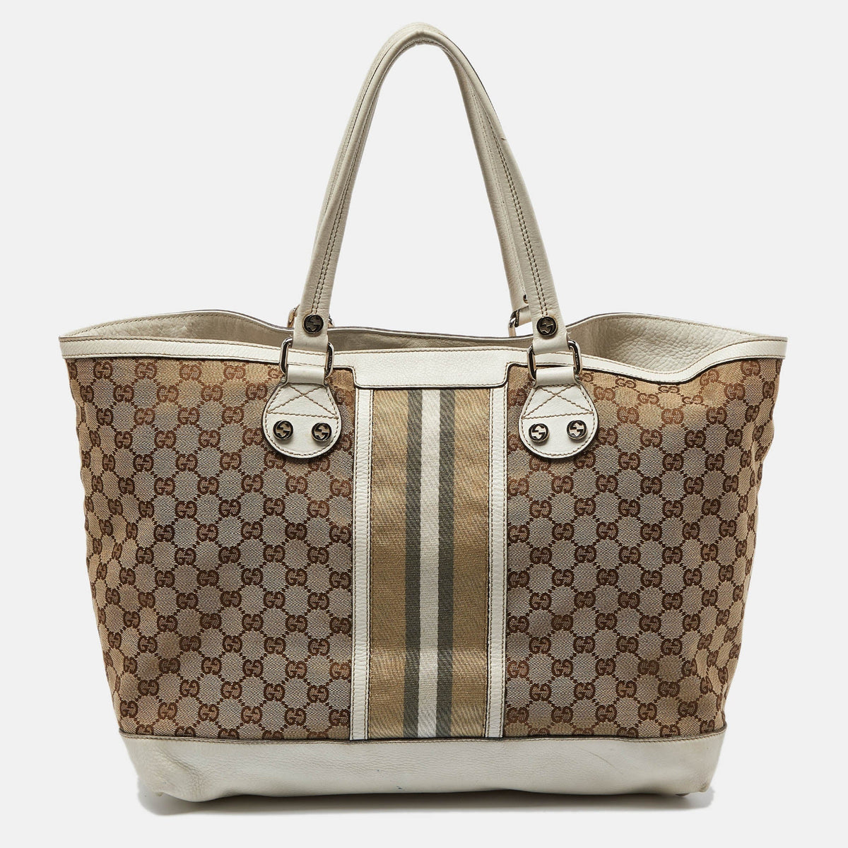 GUCCI Beige/Off White GG Canvas and Leather Web Sunset Shopper Tote