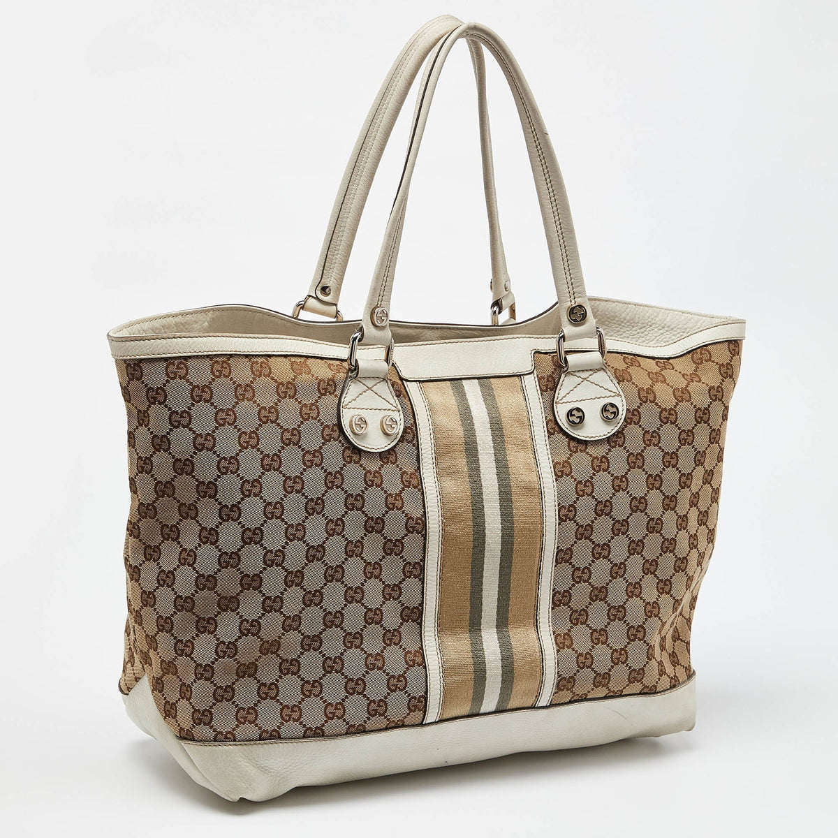 GUCCI Beige/Off White GG Canvas and Leather Web Sunset Shopper Tote
