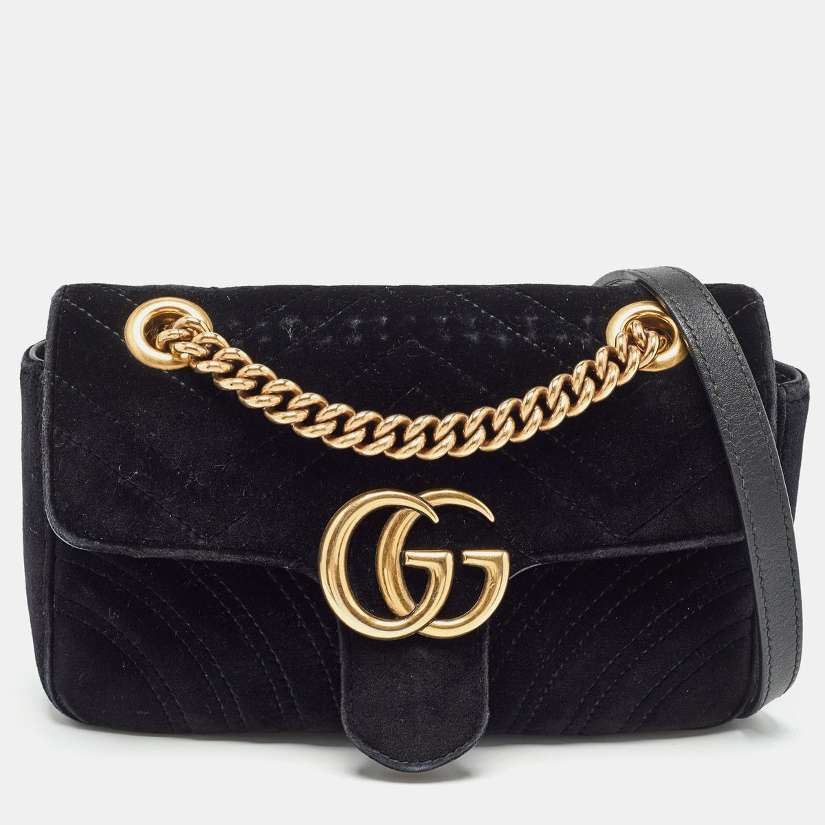 GUCCI Black Matelasse Velvet Mini GG Marmont Shoulder Bag