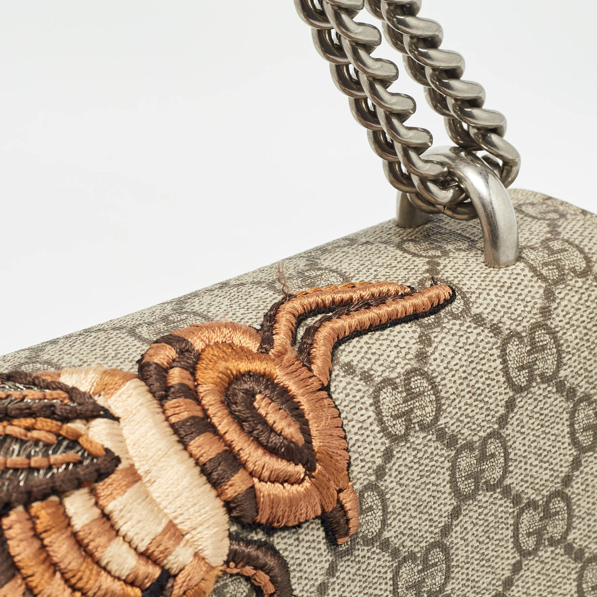 GUCCI Beige GG Supreme Canvas and Suede Medium Bee Embroidered Dionysus Shoulder Bag