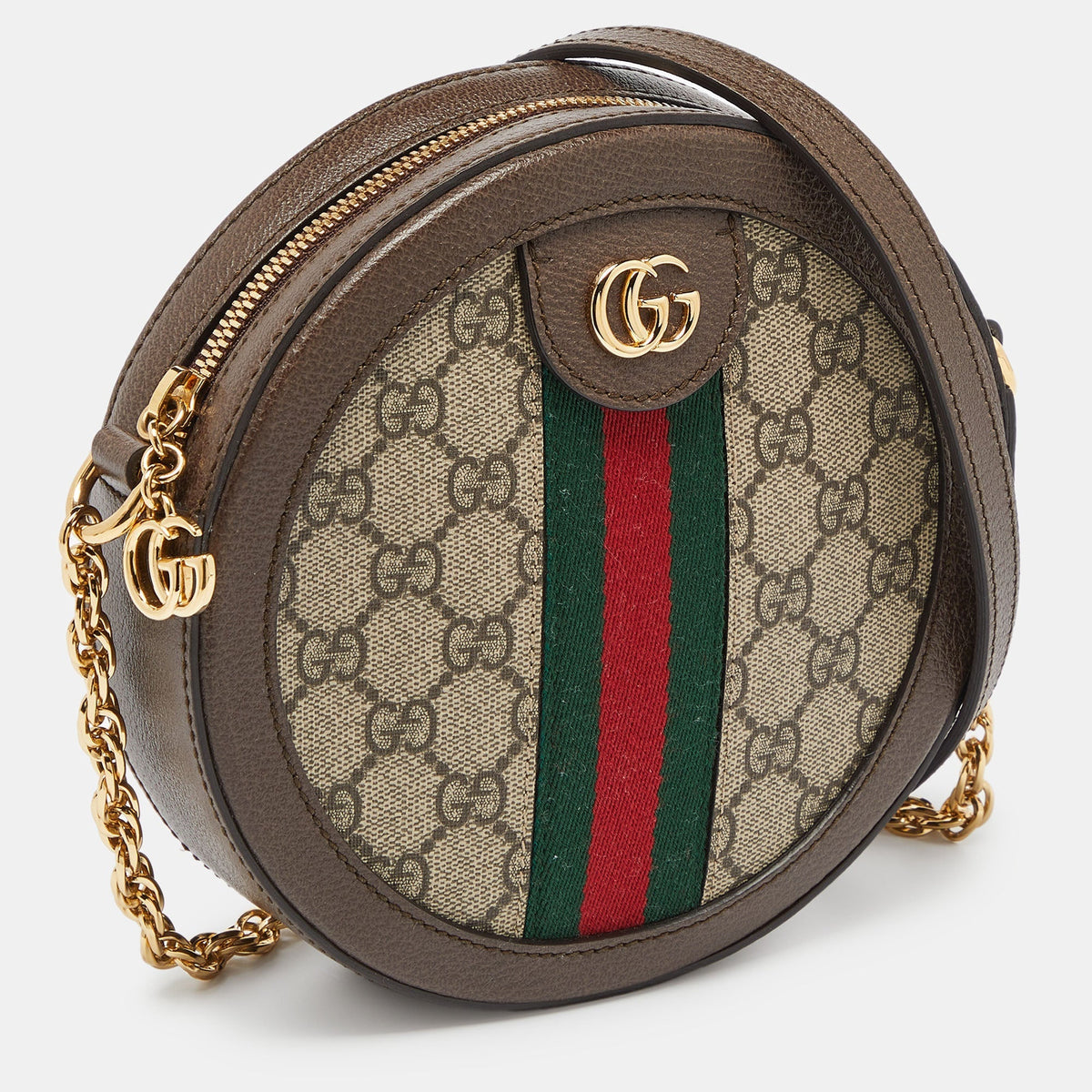 GUCCI Brown GG Supreme Canvas and Leather Mini Ophidia Round Bag