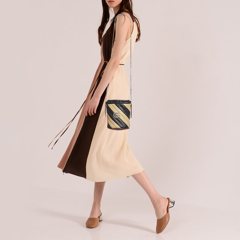 GUCCI Black/Beige Diagonal Leather Mini GG Marmont Torchon Bucket Bag