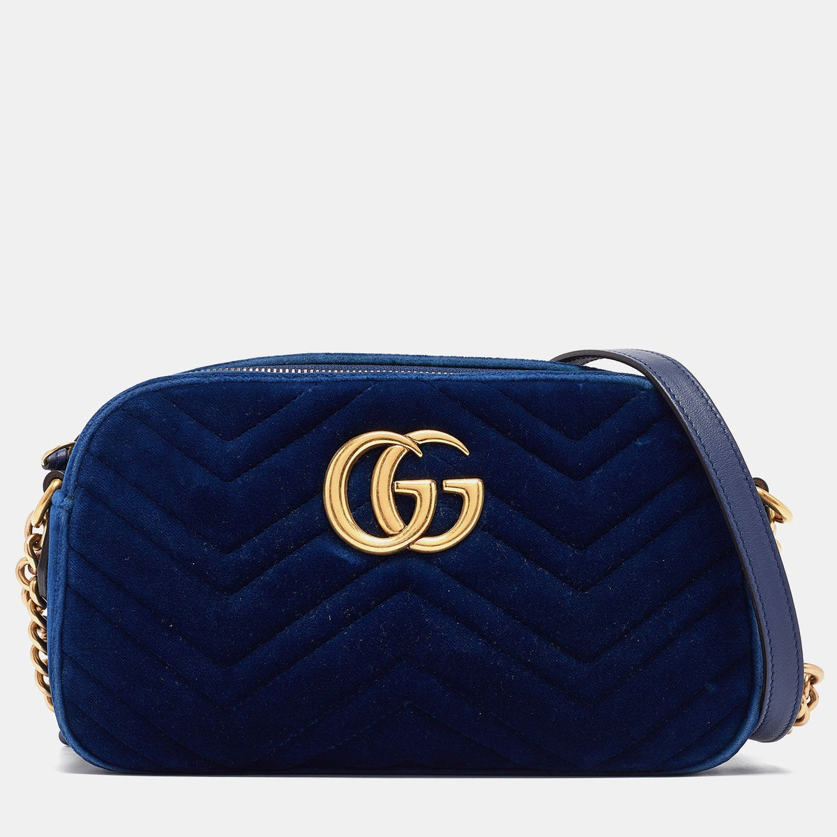 GUCCI Blue Matelasse Velvet Small GG Marmont Shoulder Bag