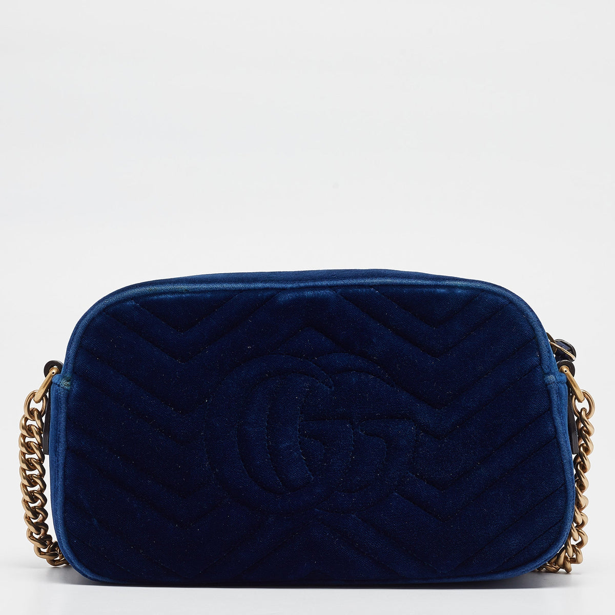 GUCCI Blue Matelasse Velvet Small GG Marmont Shoulder Bag