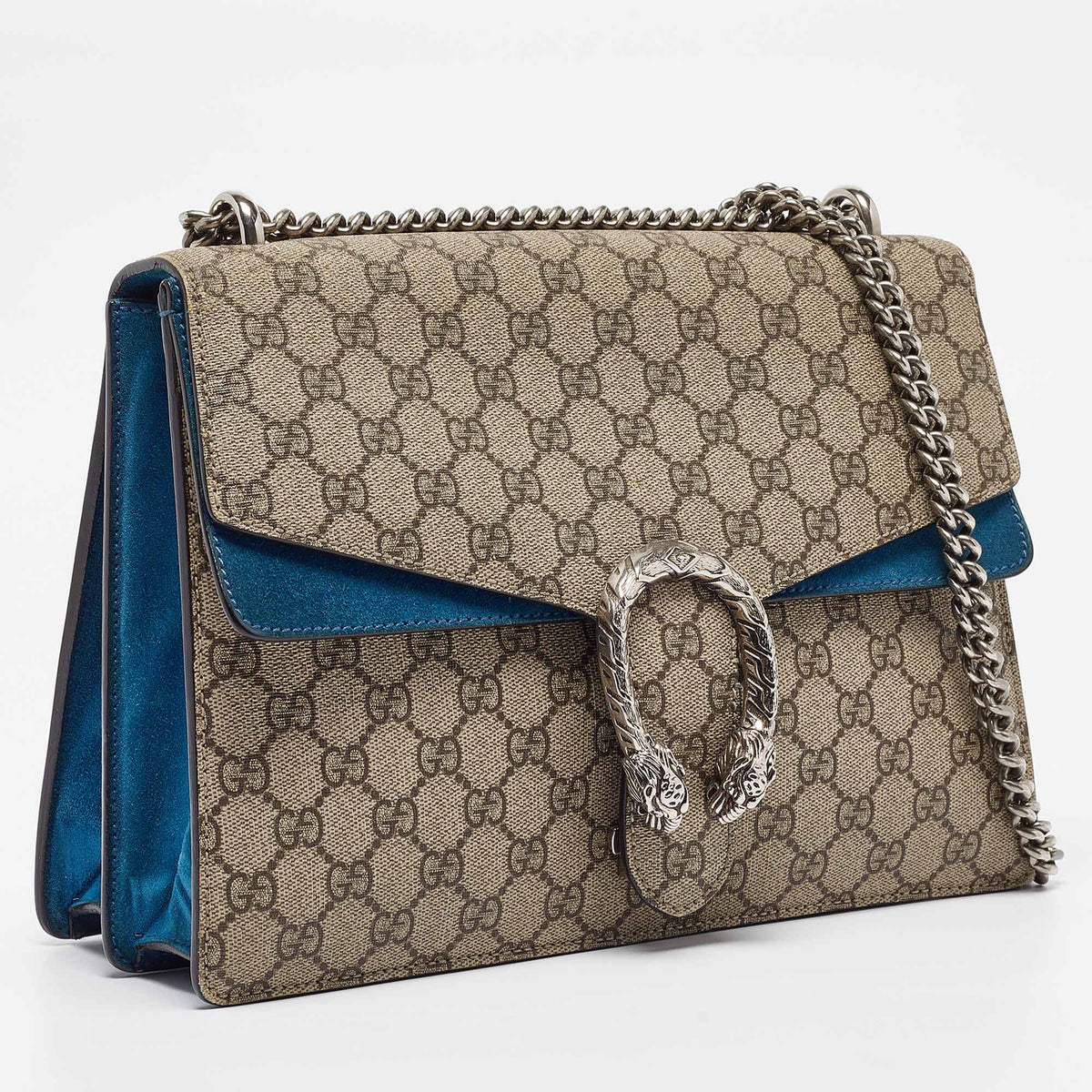 GUCCI Beige/Blue GG Supreme Canvas and Suede Medium Dionysus Shoulder Bag