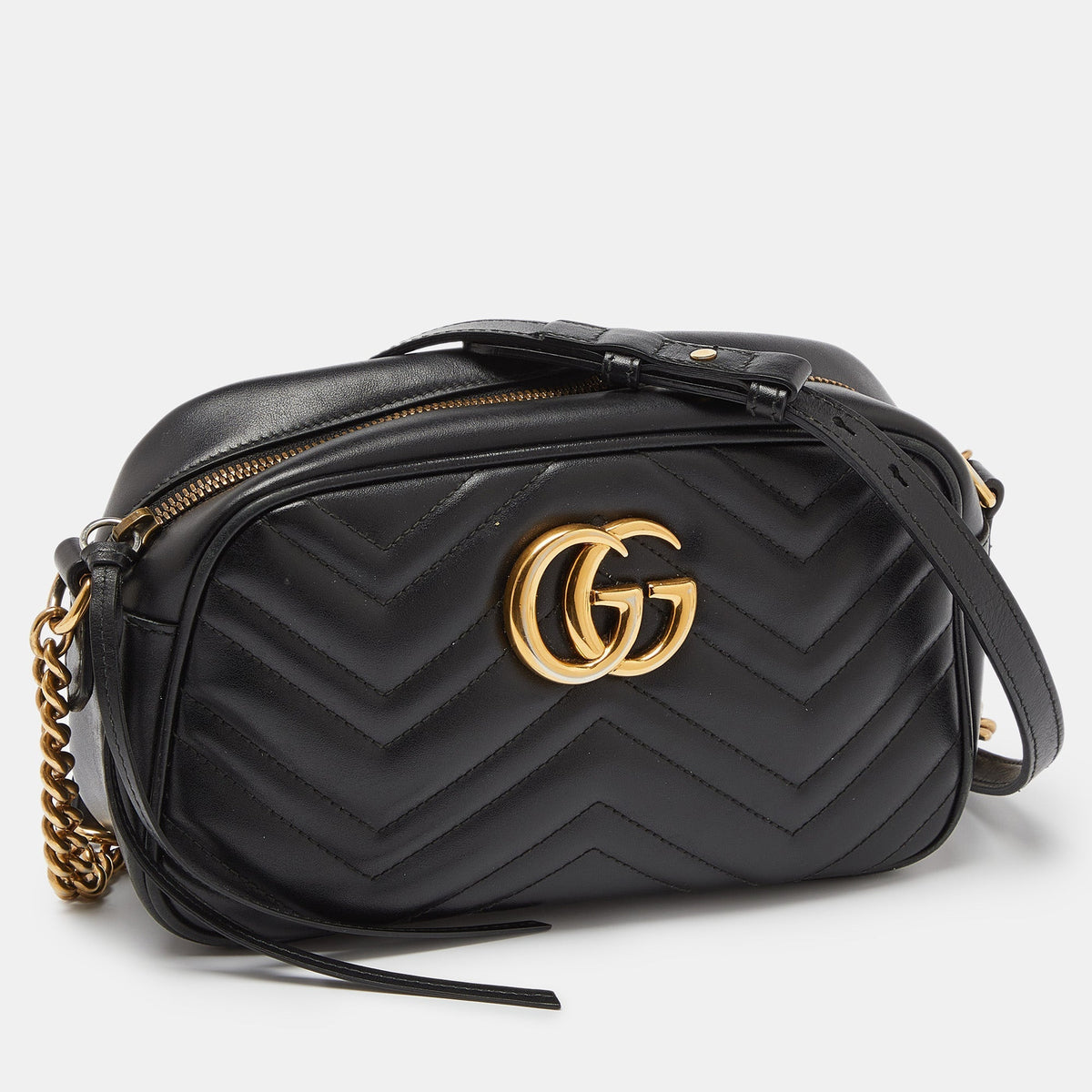 GUCCI Black Matelasse Leather Small GG Marmont Shoulder Bag