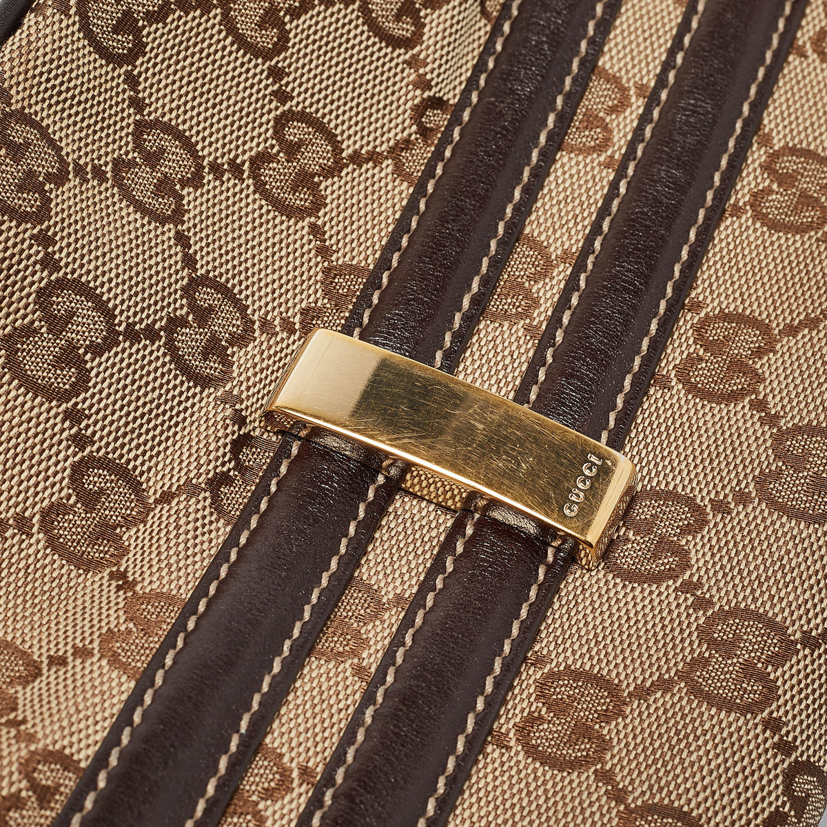 GUCCI Brown/Beige GG Canvas and Leather Horsebit Wave Boston Bag