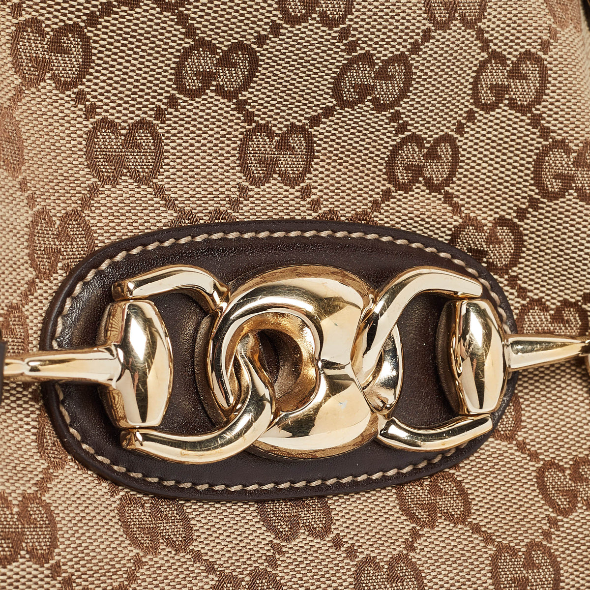 GUCCI Brown/Beige GG Canvas and Leather Horsebit Wave Boston Bag