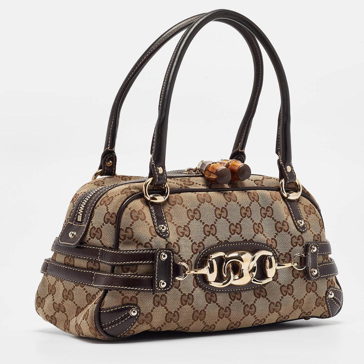GUCCI Brown/Beige GG Canvas and Leather Horsebit Wave Boston Bag