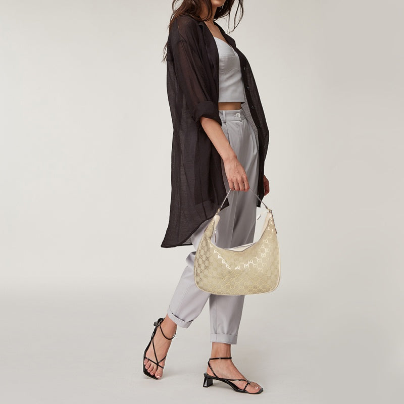 Gucci Beige GG Suede and Leather Charmy Hobo
