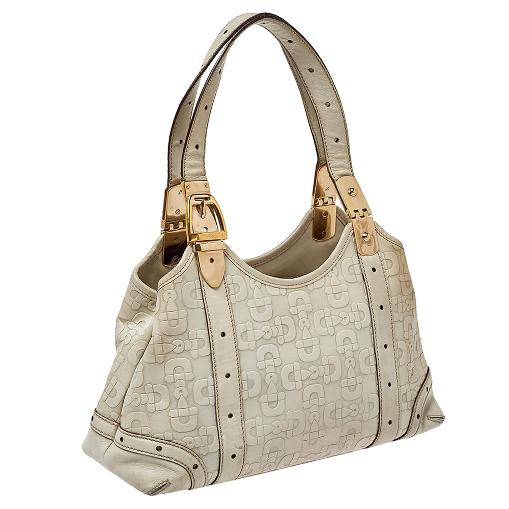 Gucci White Leather Horsebit Embossed Tote