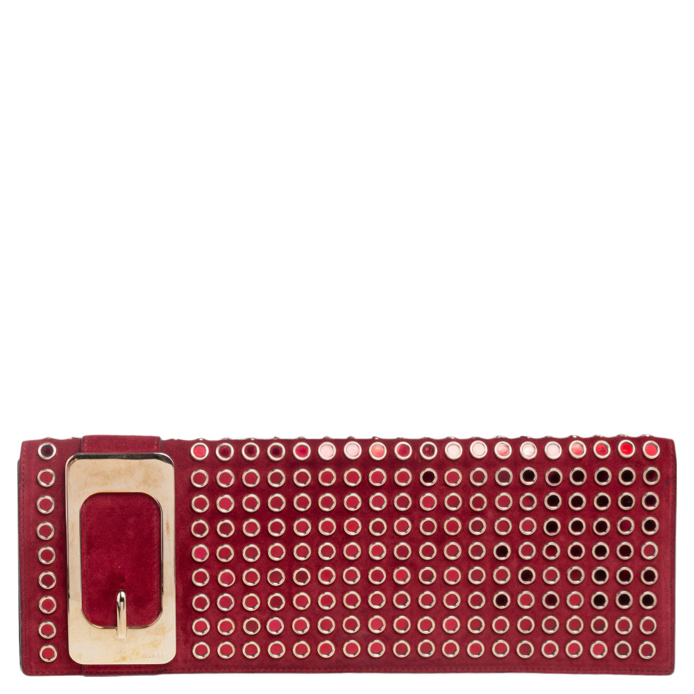 Gucci Red Suede Grommet Buckle Flap Clutch