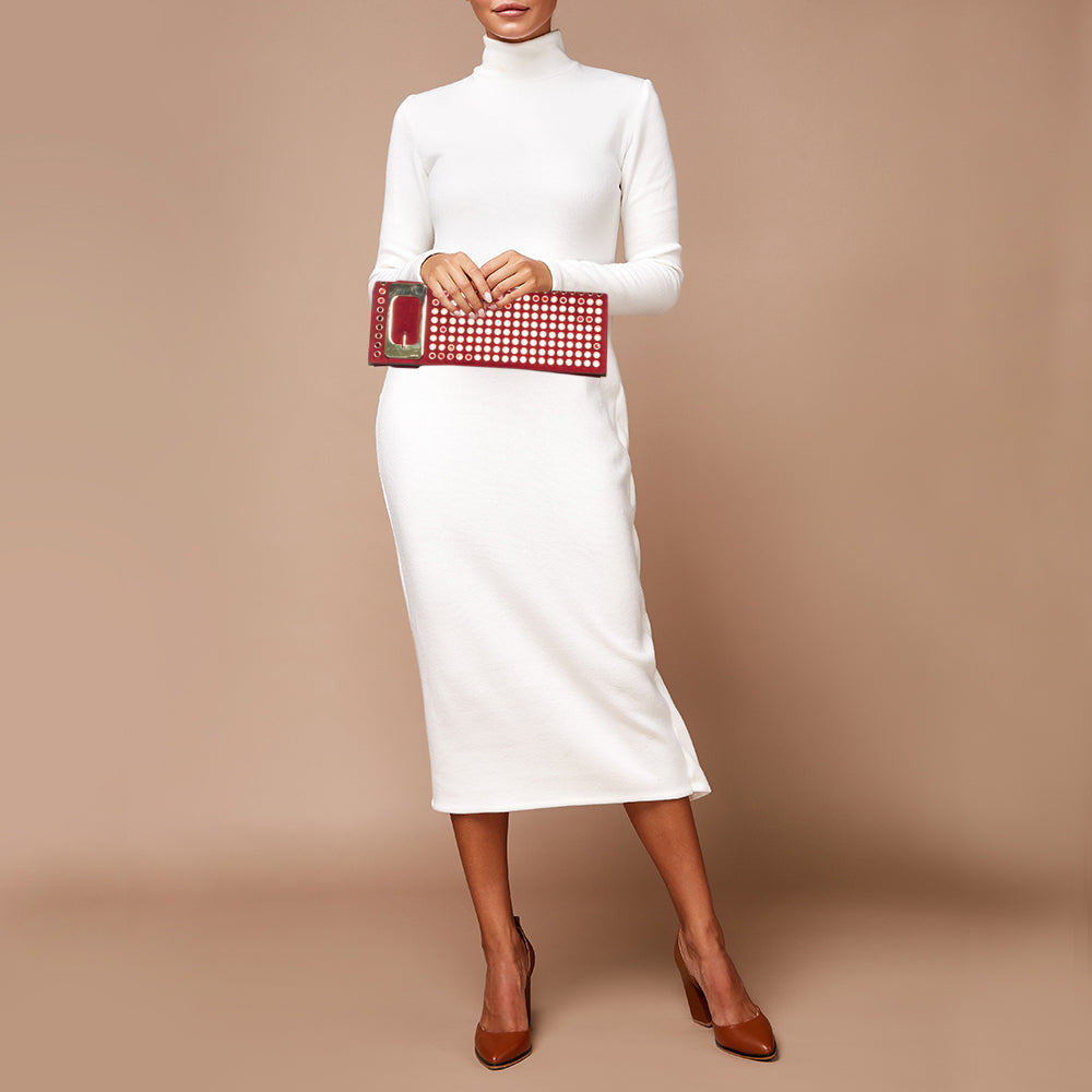 Gucci Red Suede Grommet Buckle Flap Clutch