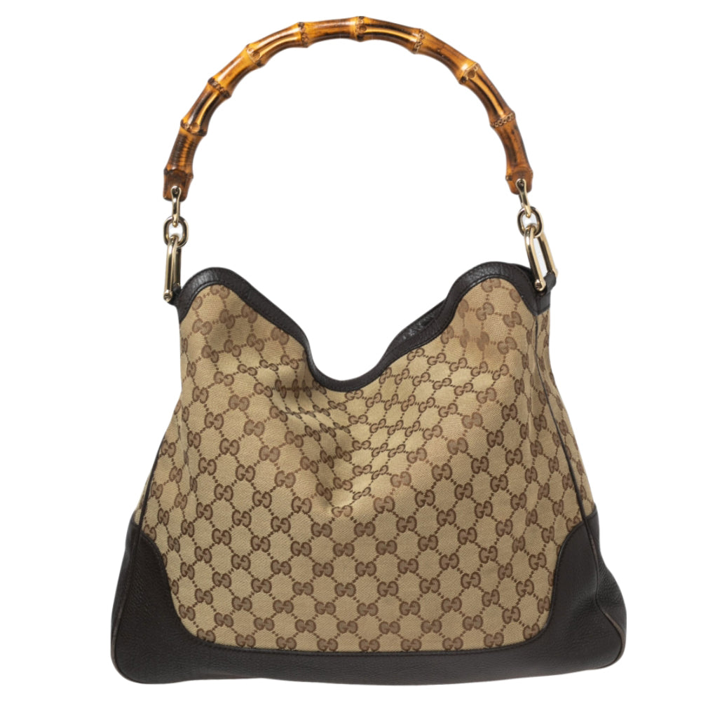 Gucci Beige GG Canvas And Leather Bamboo Shopper Tote
