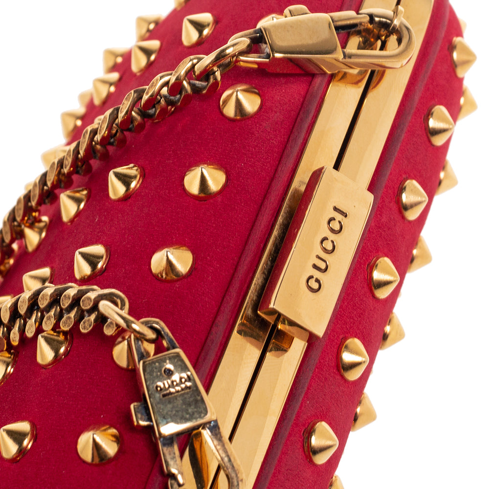 Gucci Red Alcantara Studded Broadway Chain Clutch