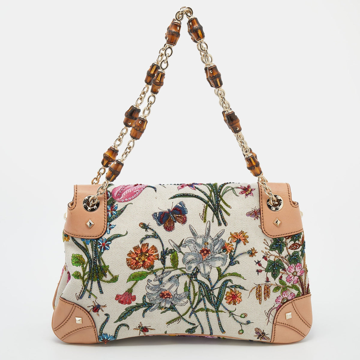 Gucci Multicolor Flora Print Canvas Beaded Bamboo Shoulder Bag